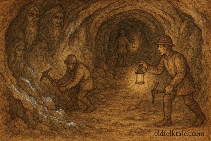 An artwork of miners uncovering silver as mountain spirits watch in Sweden.