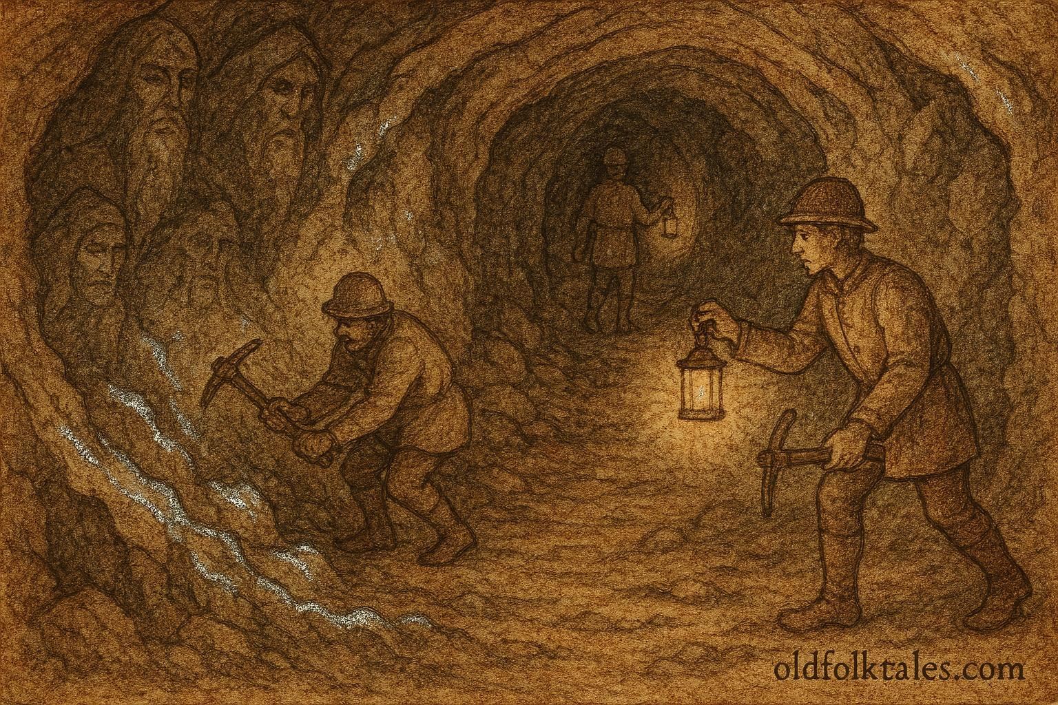 An artwork of miners uncovering silver as mountain spirits watch in Sweden.