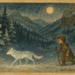 An artwork of Emir following the glowing silver wolf, Bosnian mountain folklore.