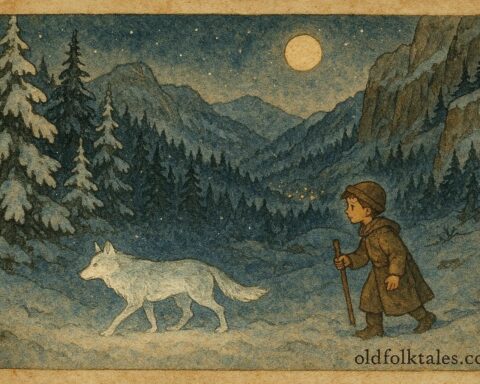 An artwork of Emir following the glowing silver wolf, Bosnian mountain folklore.