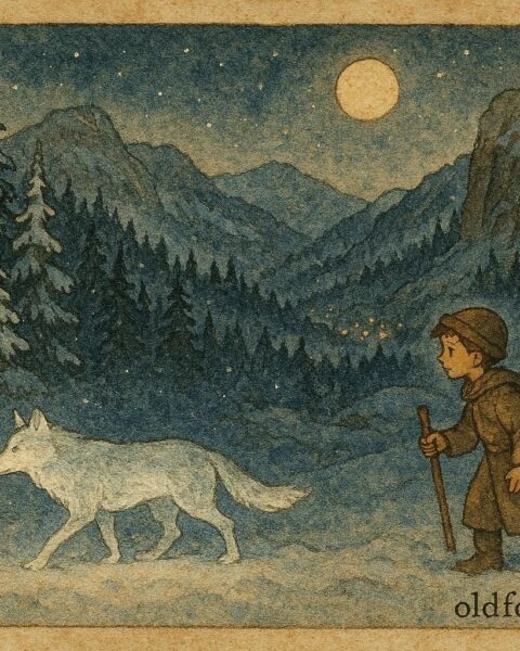 An artwork of Emir following the glowing silver wolf, Bosnian mountain folklore.