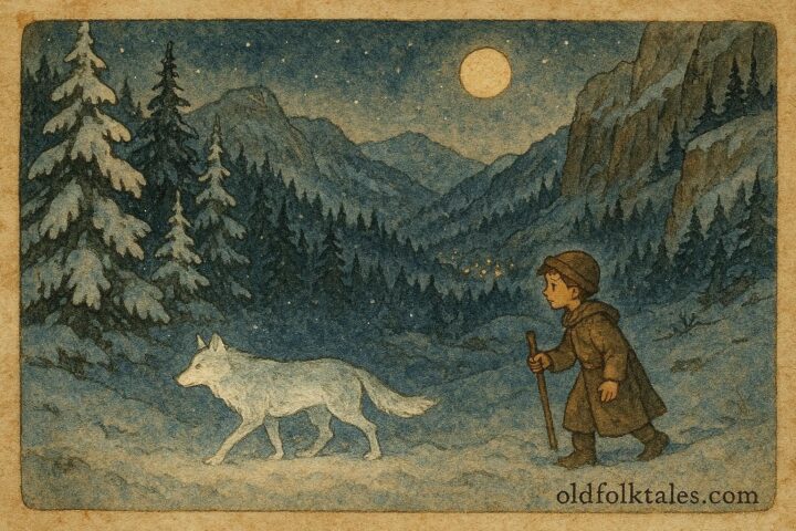An artwork of Emir following the glowing silver wolf, Bosnian mountain folklore.