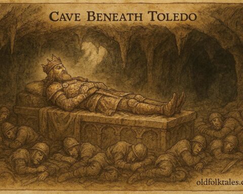 An illustration of a Visigothic king and sleeping warriors beneath Toledo, Spanish legend.