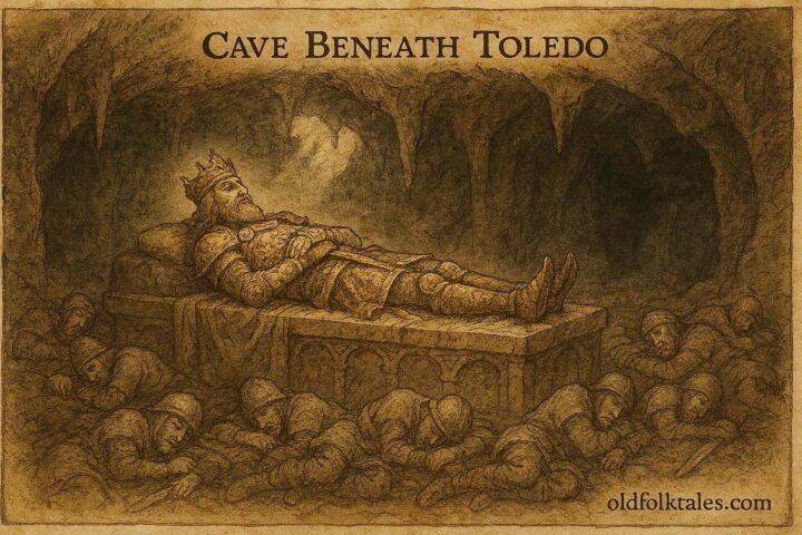 An illustration of a Visigothic king and sleeping warriors beneath Toledo, Spanish legend.