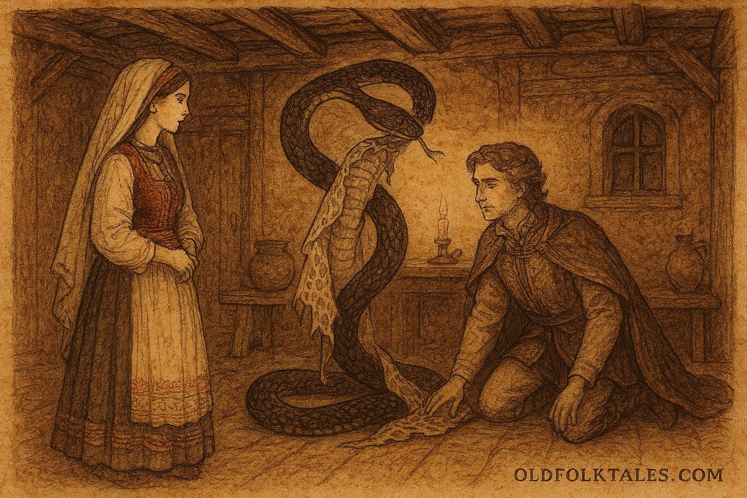 A Serbian folktale of bride witnessing serpent transform into man.