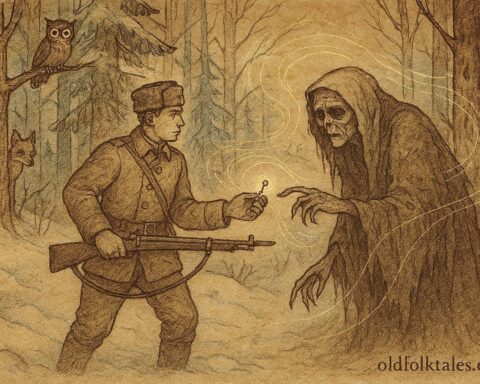 Parchment-style illustration of the soldier confronting Death, Russian folktale scene.