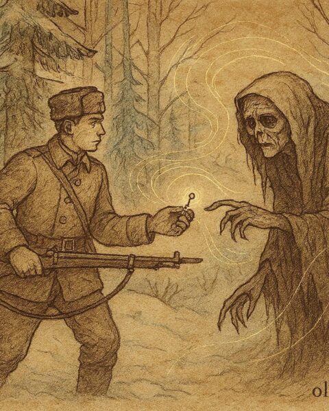 Parchment-style illustration of the soldier confronting Death, Russian folktale scene.