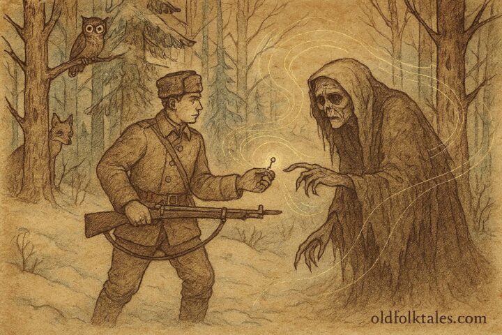 Parchment-style illustration of the soldier confronting Death, Russian folktale scene.