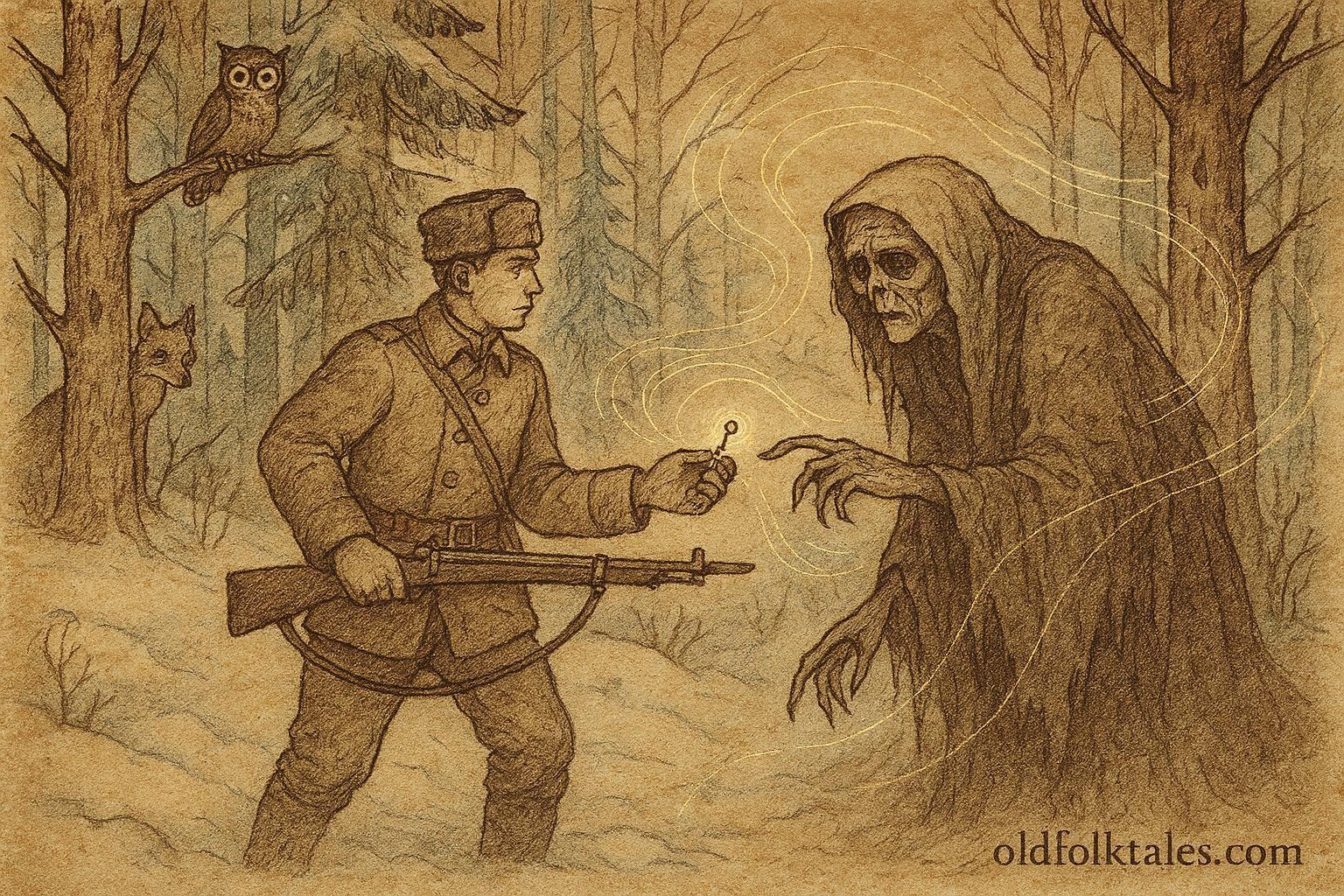 Parchment-style illustration of the soldier confronting Death, Russian folktale scene.