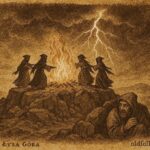 An artwork of witches on Bald Mountain, Polish folklore scene.