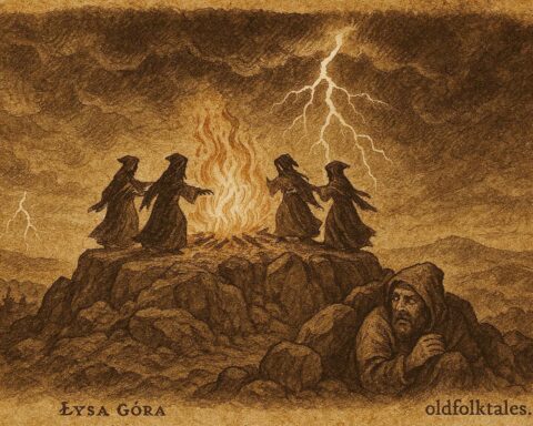 An artwork of witches on Bald Mountain, Polish folklore scene.