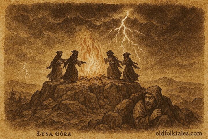 An artwork of witches on Bald Mountain, Polish folklore scene.
