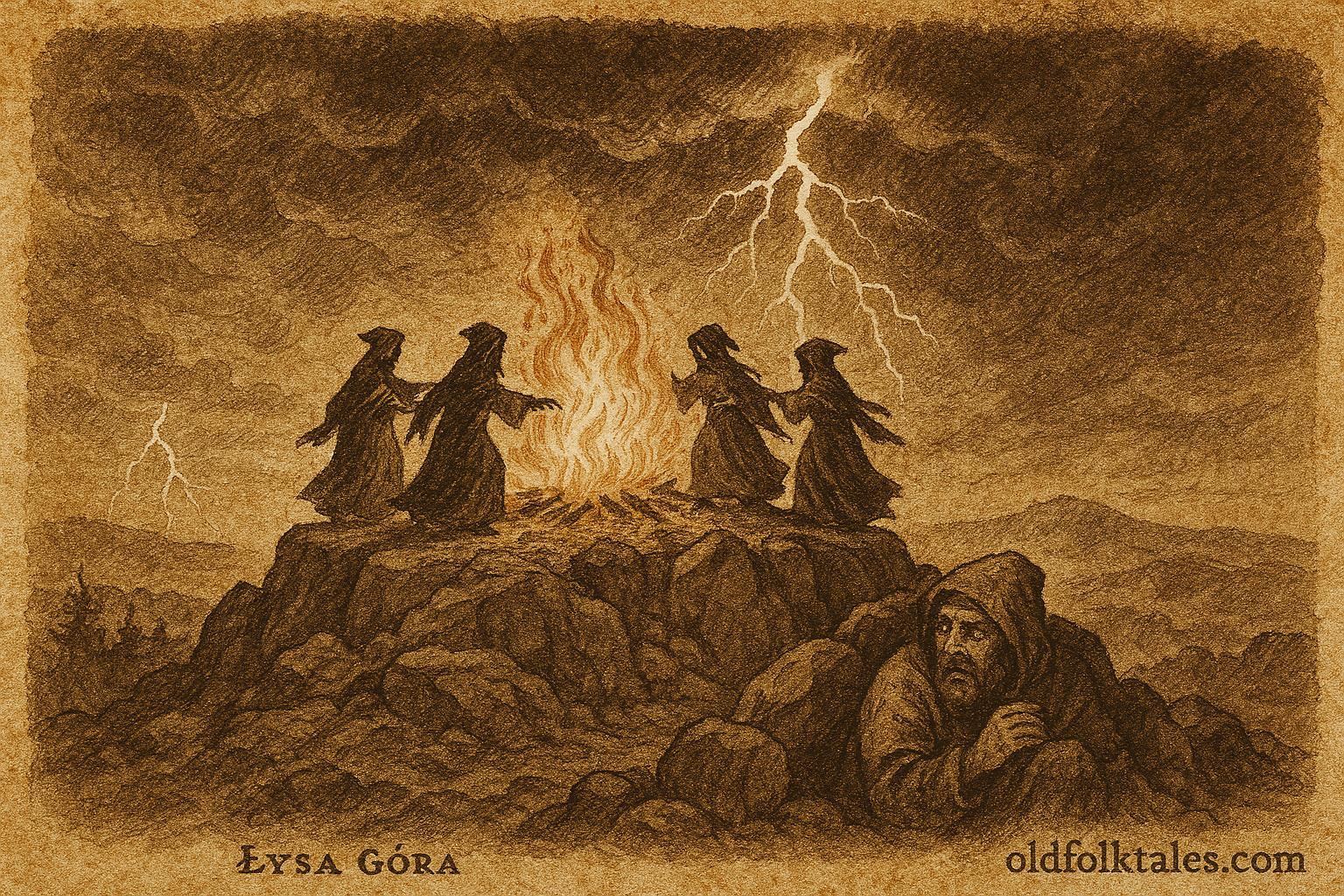An artwork of witches on Bald Mountain, Polish folklore scene.