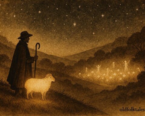 An illustration of Bosnian shepherd following glowing sheep to celestial meadow, folklore scene.