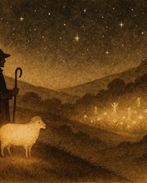 An illustration of Bosnian shepherd following glowing sheep to celestial meadow, folklore scene.