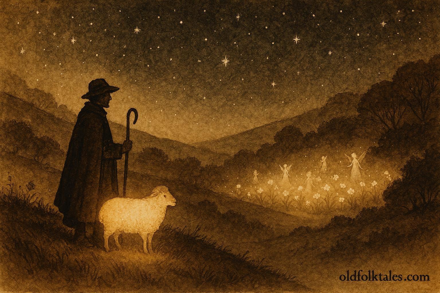 An illustration of Bosnian shepherd following glowing sheep to celestial meadow, folklore scene.