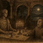 An illustration of a stone statue confronting a nobleman, Italian folktale from Lombardy.