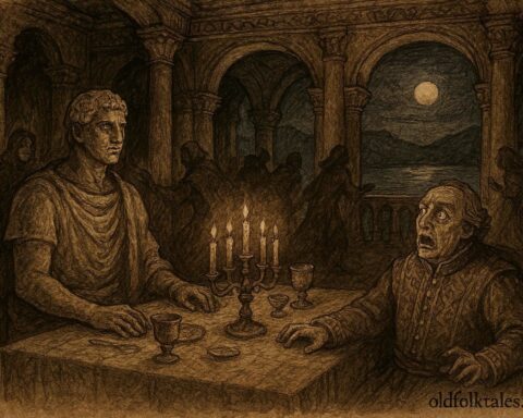 An illustration of a stone statue confronting a nobleman, Italian folktale from Lombardy.