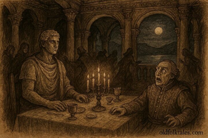 An illustration of a stone statue confronting a nobleman, Italian folktale from Lombardy.