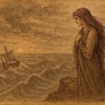 An artwork of Alcyone watching Ceyx’s ship in stormy seas, Greek myth scene.