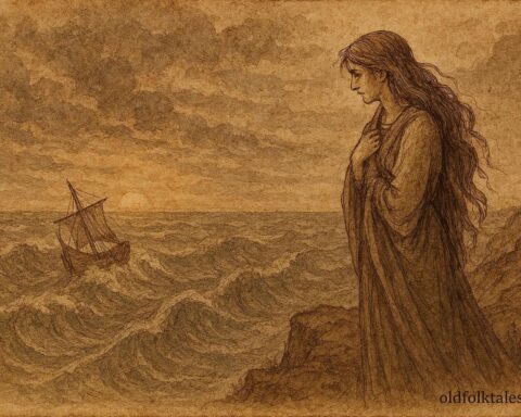 An artwork of Alcyone watching Ceyx’s ship in stormy seas, Greek myth scene.