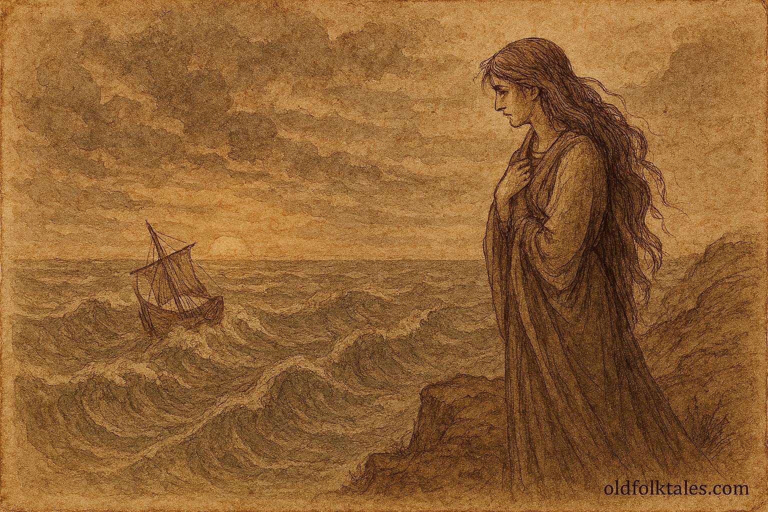 An artwork of Alcyone watching Ceyx’s ship in stormy seas, Greek myth scene.