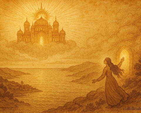 An illustration of Croatian bride in celestial Sun palace above Dalmatia.