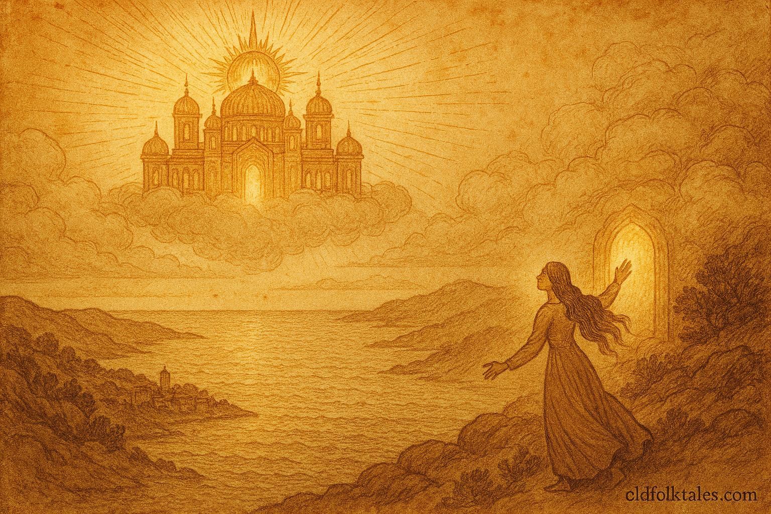 An illustration of Croatian bride in celestial Sun palace above Dalmatia.