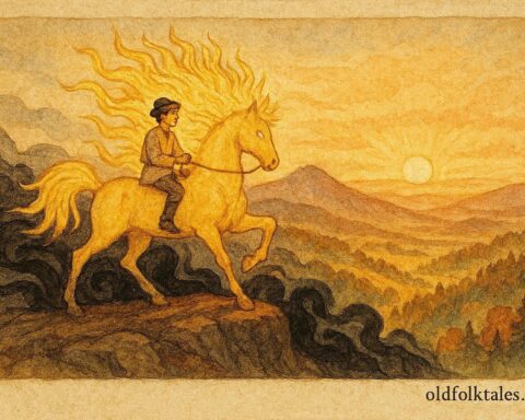 Parchment-style Slovak youth riding radiant Sun Horse over Carpathian mountains.