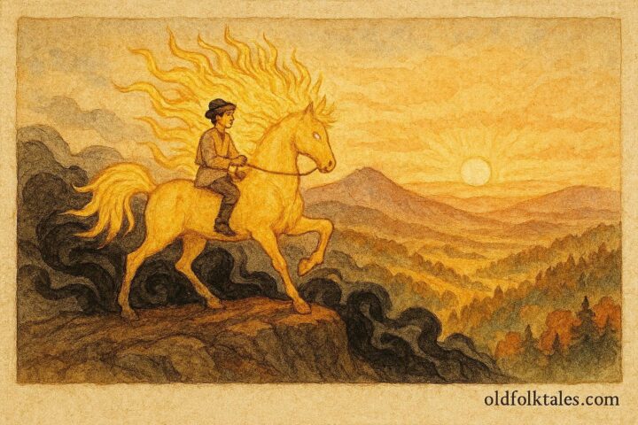 Parchment-style Slovak youth riding radiant Sun Horse over Carpathian mountains.
