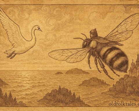 An illustration of Prince Gvidon with the magical swan, Russian folklore scene.