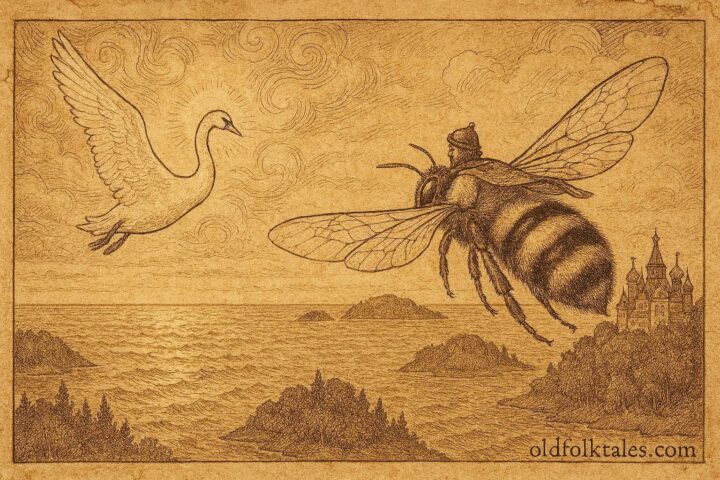 An illustration of Prince Gvidon with the magical swan, Russian folklore scene.