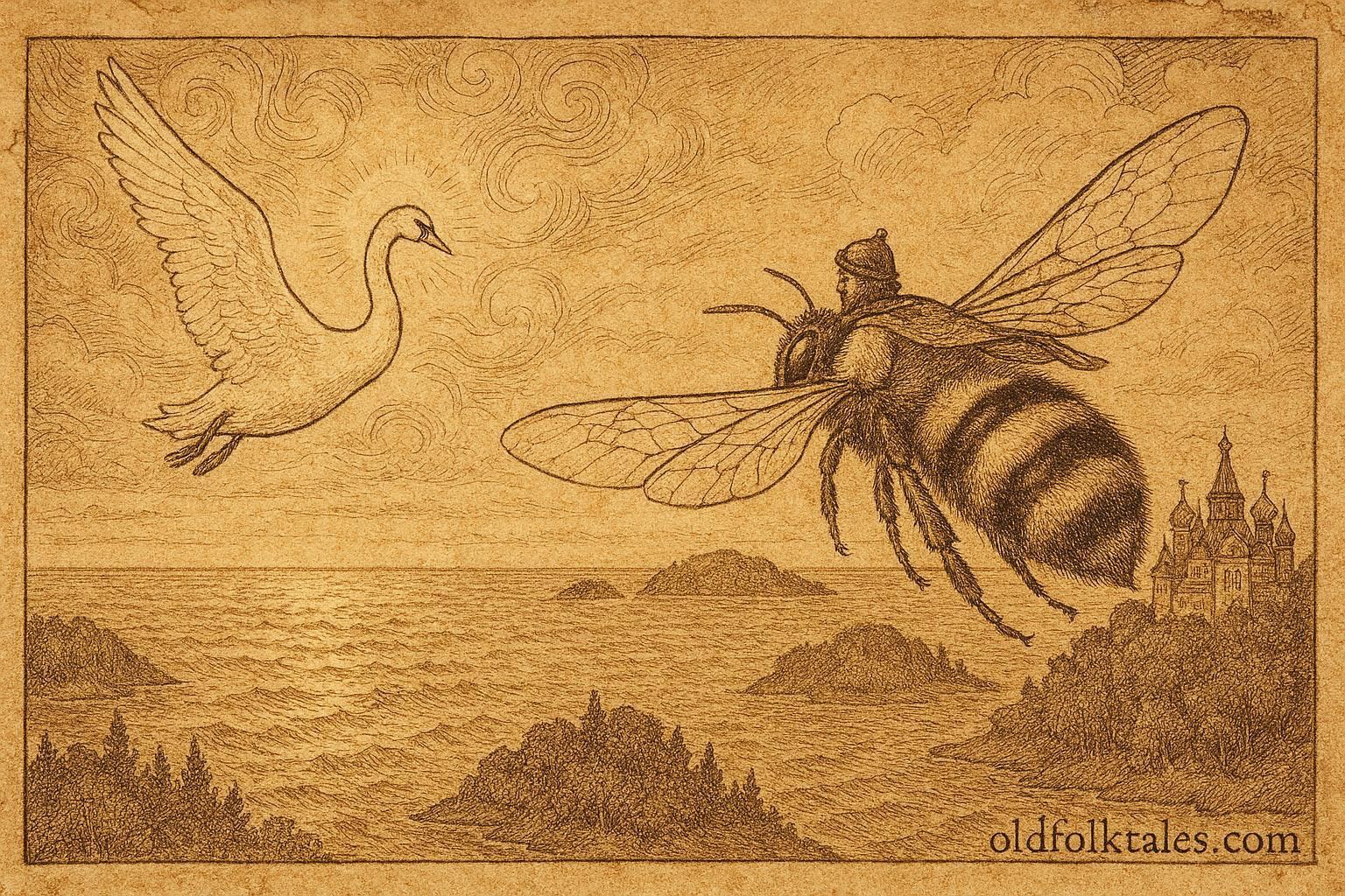 An illustration of Prince Gvidon with the magical swan, Russian folklore scene.