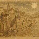 Parchment-style artwork of Todor listening to talking horse Bela, Bulgarian village scene.