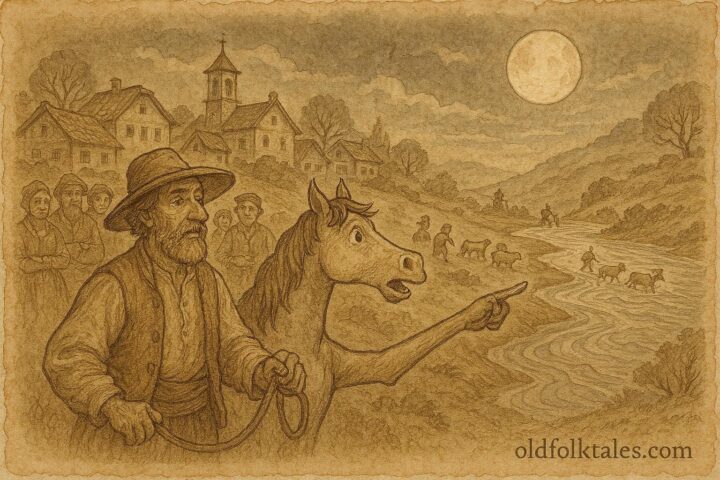 Parchment-style artwork of Todor listening to talking horse Bela, Bulgarian village scene.