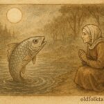 An illustration of a talking fish advising a villager on the Sauer River, Luxembourg folktale scene.