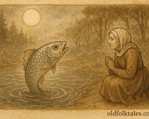 An illustration of a talking fish advising a villager on the Sauer River, Luxembourg folktale scene.