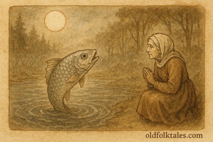 An illustration of a talking fish advising a villager on the Sauer River, Luxembourg folktale scene.