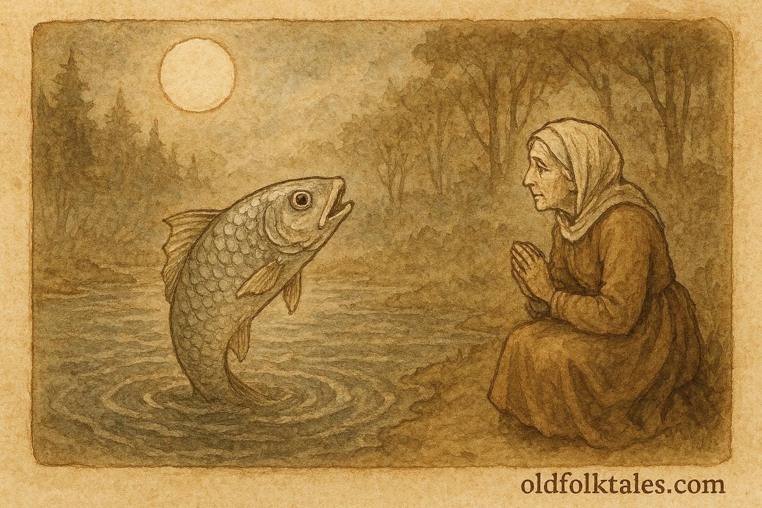 An illustration of a talking fish advising a villager on the Sauer River, Luxembourg folktale scene.