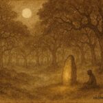 Parchment-style illustration of a whispering stone in Sintra hills, Portuguese folklore scene.