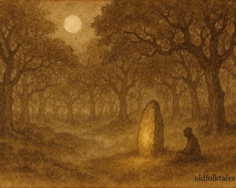 Parchment-style illustration of a whispering stone in Sintra hills, Portuguese folklore scene.