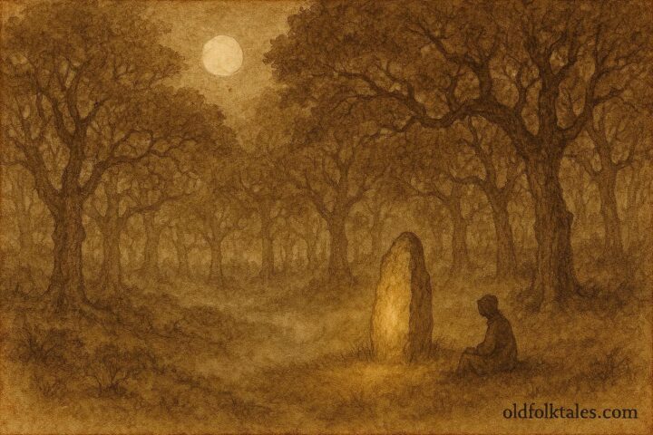 Parchment-style illustration of a whispering stone in Sintra hills, Portuguese folklore scene.