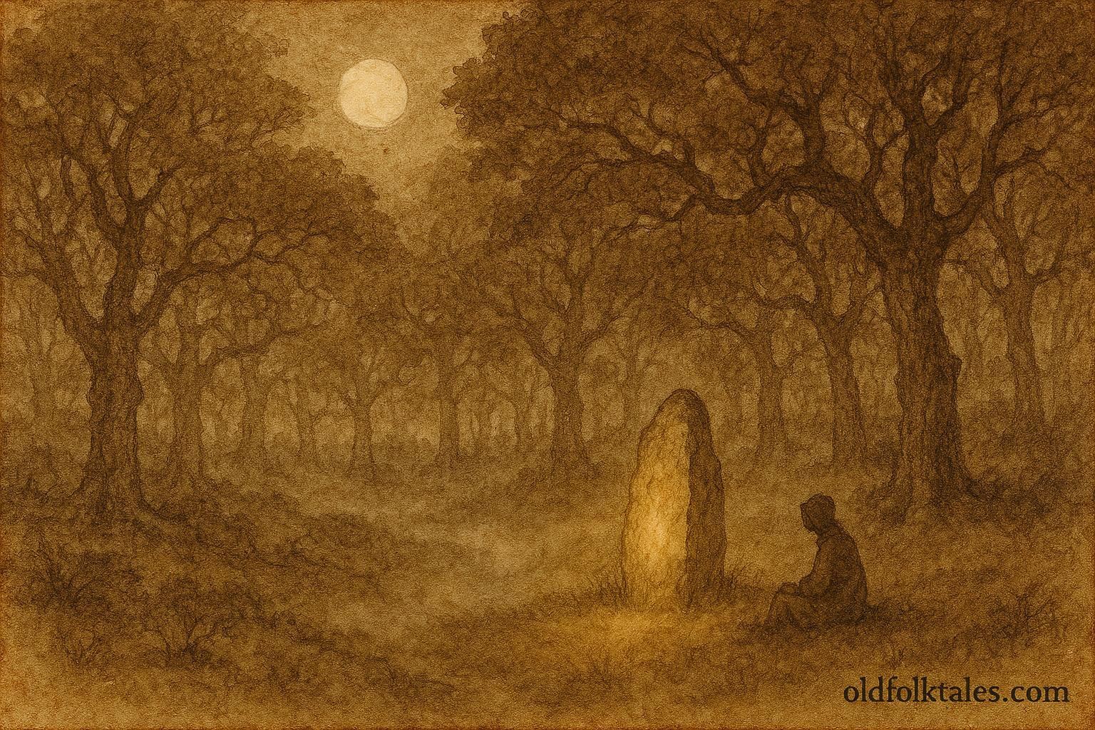 Parchment-style illustration of a whispering stone in Sintra hills, Portuguese folklore scene.