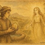 An illustration of a prince opening a magical citron, Southern Italian folktale scene