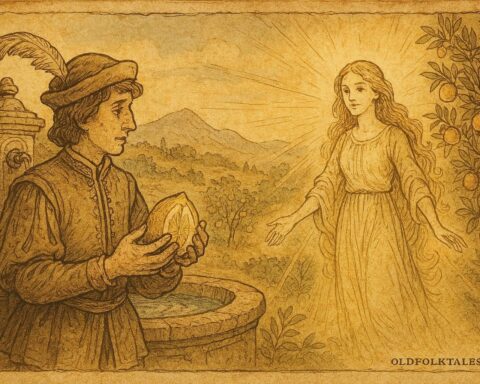 An illustration of a prince opening a magical citron, Southern Italian folktale scene