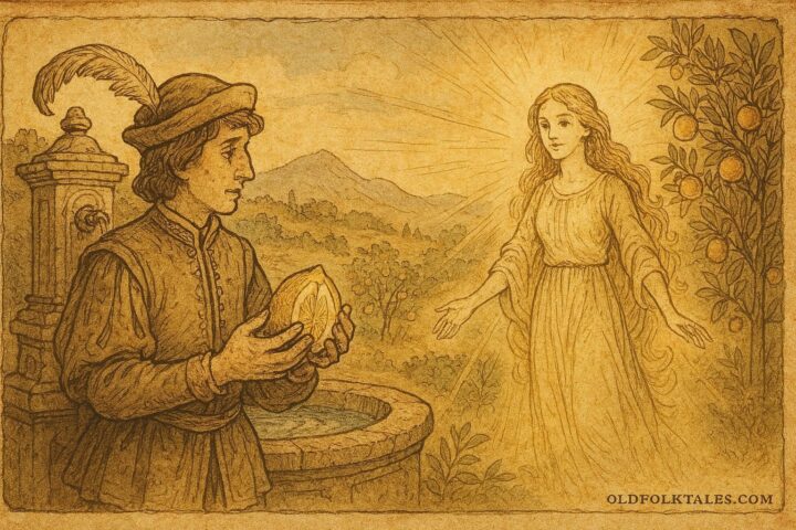 An illustration of a prince opening a magical citron, Southern Italian folktale scene