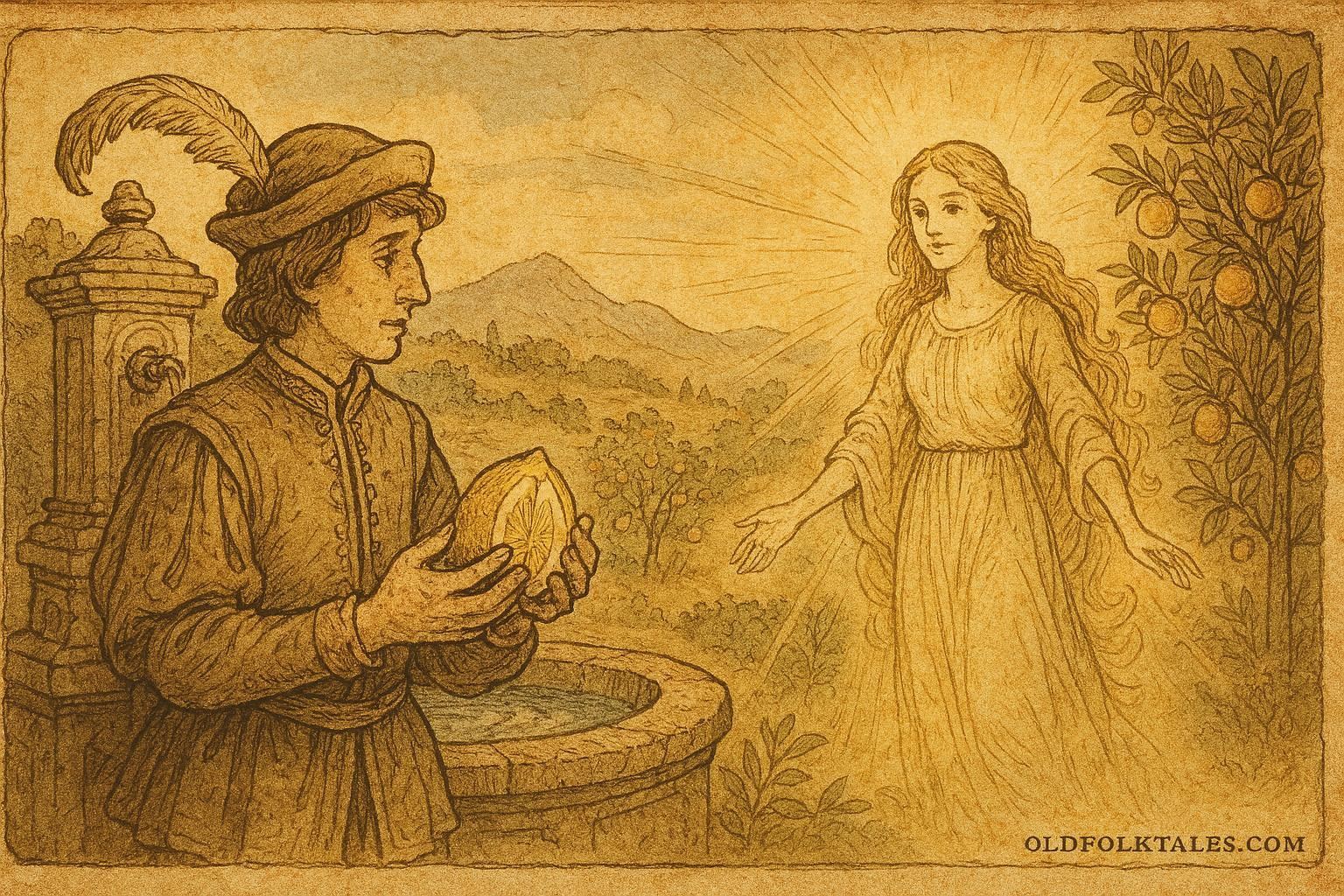 An illustration of a prince opening a magical citron, Southern Italian folktale scene