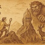 An illustration of Leif rescuing princesses from a giant in Norway’s Blue Mountain.