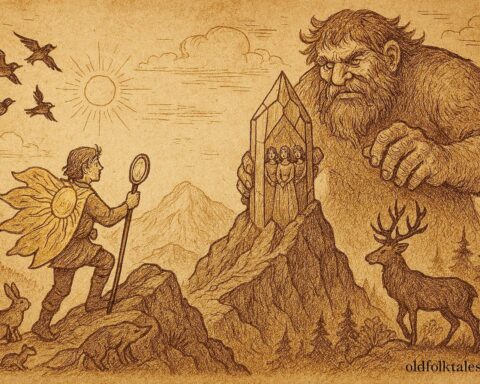 An illustration of Leif rescuing princesses from a giant in Norway’s Blue Mountain.