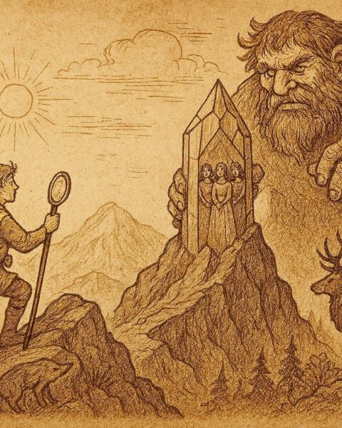 An illustration of Leif rescuing princesses from a giant in Norway’s Blue Mountain.